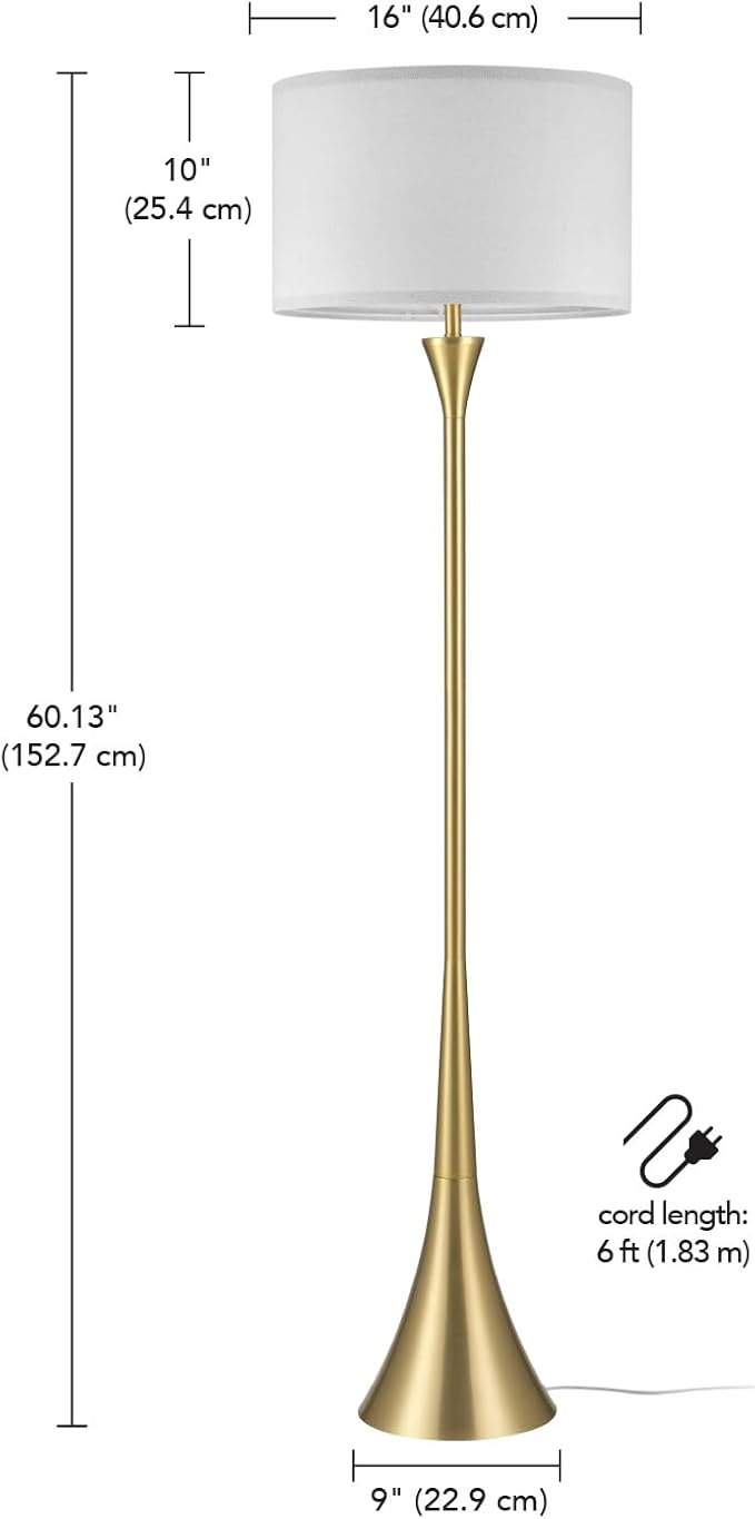 GLOBE Electric 61000150 60" Floor Lamp, Antique Brass Finish, Beige Fabric Shade, Mid-Century Modern Standing Lamp, E26 Base, Sustainable Design for Living Rooms and Bedrooms
