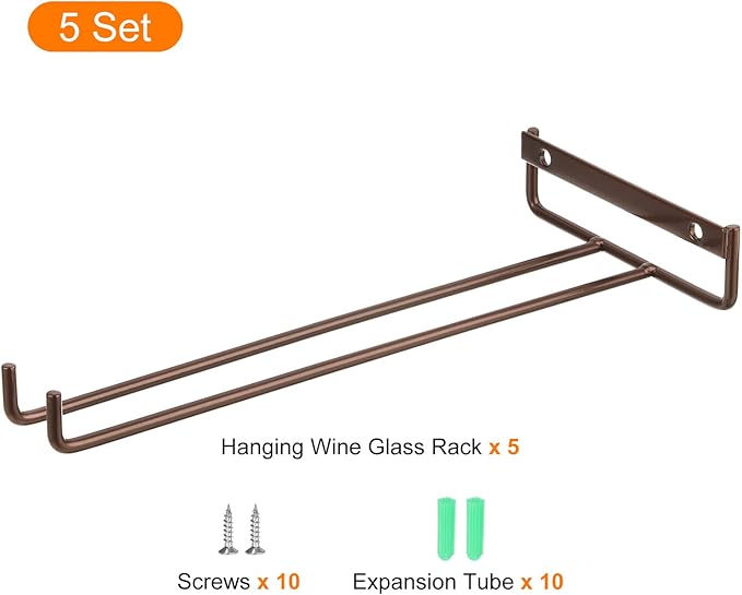 uxcell 5Pcs Wine Glass Rack, 10.43 Inch Iron Wine Glasses Rack Under Cabinet Stemware Rack - Wall Mountable Wine Glass Holder Storage Hanger for Bars Coffee Restaurants Kitchens, Bronze