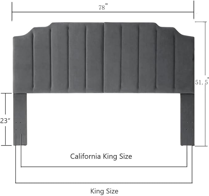 24KF Dark Gray Velvet Tufted King Upholstered Headboard, Modern Vertical Channel Design California King Headboard with Stepped Silhouette Top Edge,Dark Gray