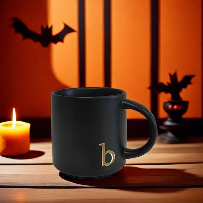 COLLECTIVE HOME - Black Monogram Ceramic Mugs, 15 oz Golden Initial Coffee Cups, Elegant Alphabet Tea Mugs, Personalized Halloween Mug with Gift Box, Perfect for Office and Home Décor (b)
