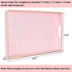 Large Pink Rectangular Decorative Tray – Plastic Serving Tray with Handles for Coffee Table, Ottoman, Living Room, 15.7” x 11.8” x 1.6