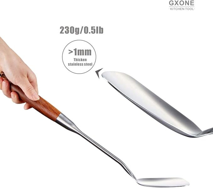 Chinese Wok Spatula, 304 Stainless Steel Spatula with Heat Resistant Wooden Handle Wok Utensils,Silver/15.7Inch
