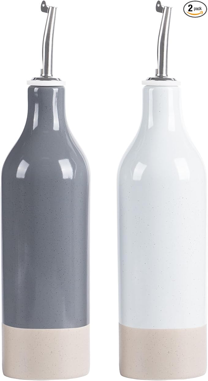 famiware Milkyway 16oz Ceramic Olive Oil Dispenser Bottle, Olive Oil and Vinegar Dispenser Bottle Set of 2 with Stainless Steel Pourers, Suitable for Storage Vinegar, Liquids, Light Gray and Dark Gray