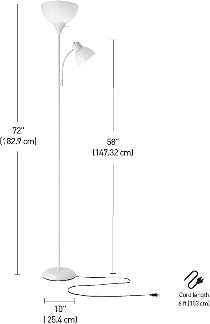 GLOBE Electric 67136 72" Torchiere Floor Lamp with Adjustable Reading Light, Matte White Finish, Frosted Shades, Rotary Switch on Socket, E26 Base