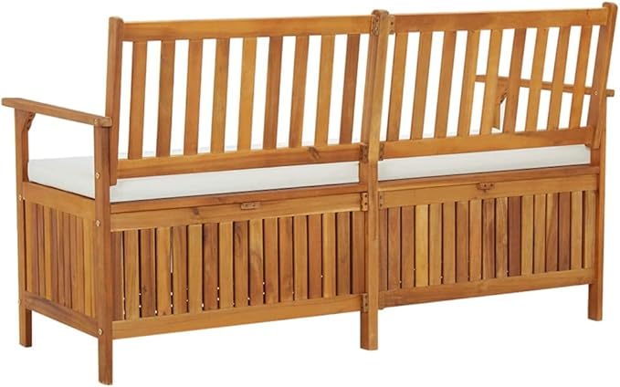 vidaXL Patio Storage Bench 58.3" - Solid Acacia Wood with Cream White Cushion - Versatile Wooden Bench for Indoor and Outdoor Use - with Ample Storage Space