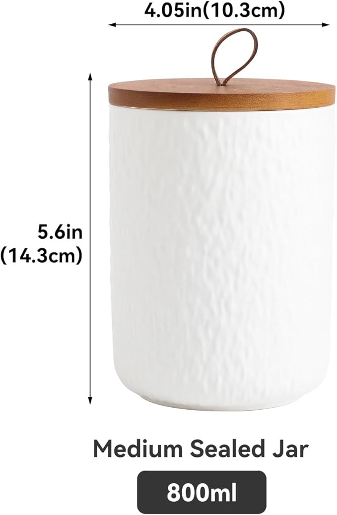 Black White Ceramic Coffee Canister Tea Canister with Seal Wood Lid, Airtight Coffee Storage Container for Coffee Bean, Ground Coffee, Sugar, Cookie Candy jar (White, 800ml)