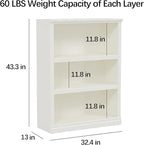 43 in Tall Bookcase, 3-Tier Bookshelf Open Storage, 33 inch Wide Floor Standing Indoor Furniture, Book Cases for Home School Library Office Bedroom Kids, White 3 Tiers