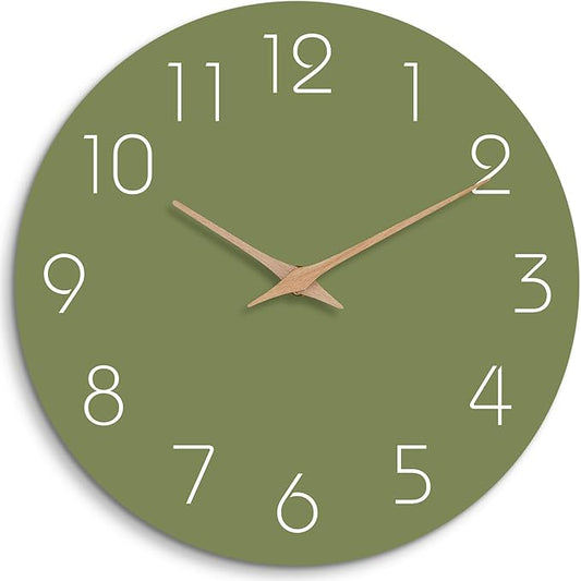 Mosewa Modern Wall Clock Silent Non Ticking 12 Inch Olive Green Battery Operated Simple Minimalist for Living Room Office Bedrooms Kitchen Home Decor