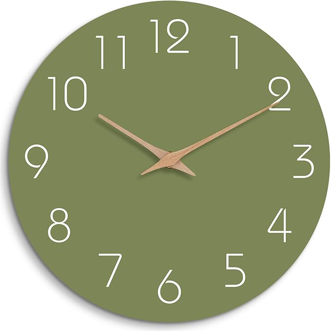 Mosewa Modern Wall Clock Silent Non-Ticking 14 Inch Olive Green Battery Operated Simple Minimalist for Living Room Office Bedrooms Kitchen Home Decor