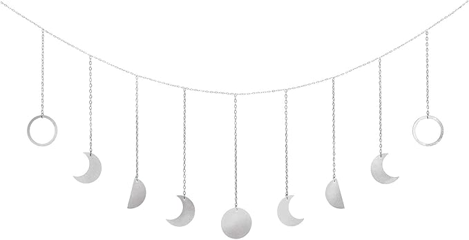Mkono Moon Phase Wall Hanging Boho Aesthetic Room Decor Metal Moons Garland Hanging Art Bohemian Home Decoration for Girls Room Nursery Bedroom Livingroom Dorm, Ideal, Silver, 50"