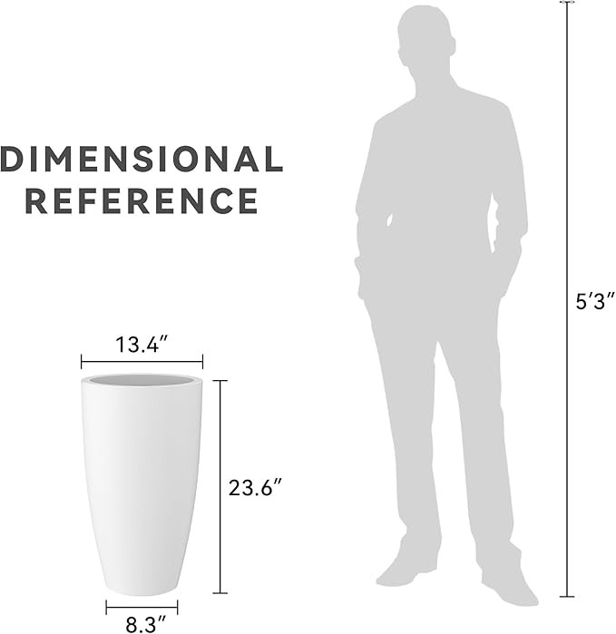 Kante 23.6" H Pure White Finish Concrete Tall Planters Large Outdoor Indoor Decorative Plant Pots with Drainage Hole and Rubber Plug, Modern Tapered Style for Home and Garden