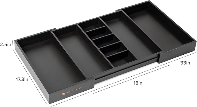 Adjustable Kitchen Drawer Organizer for Utensils and Junk, Food-Safe Contract Grade with 100% Sustainable Wood, Expandable from 19 to 33 Inches Wide - Black Bamboo