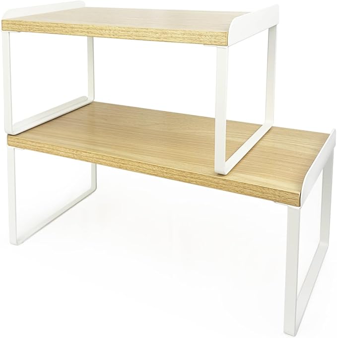 Mitus Shelf Organizer and Storage, Stackable Tiered Wood Cabinet Rack for Countertops, Desktops, Cabinets (Set of 2) 12" and 16" Wide Natural Oak and White