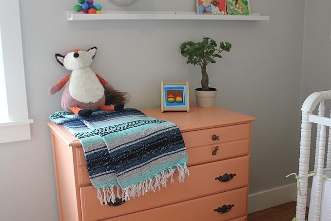 Del Mex Classic Mexican Blanket, Large Authentic Woven Falsa Throw (70"x50"), Artisan Southwest Décor for Beach, Yoga, Outdoors (Navy/Mint)