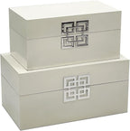 Galt International Storage Box Set Decorative Storage Box w/Hinged Lid Classic Design Wood Decor Boxes with Geometric Clasp Storage for Bedroom & Home - Set of 2 (White & Silver)