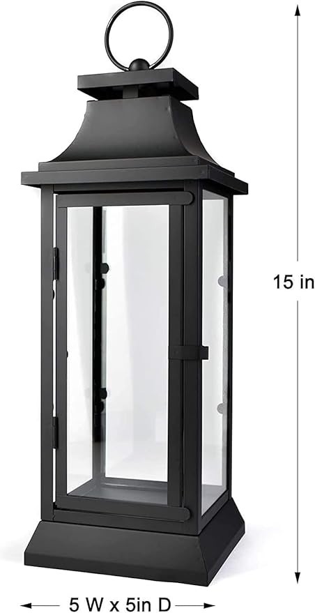 Serene Spaces Living Set of 4 Black Hurricane Lanterns with Clear Glass Panels - Ideal for Home Decor, Parties & Events - Table Top or Hanging Lantern for Indoor & Outdoor Use - Measures 15" Tall