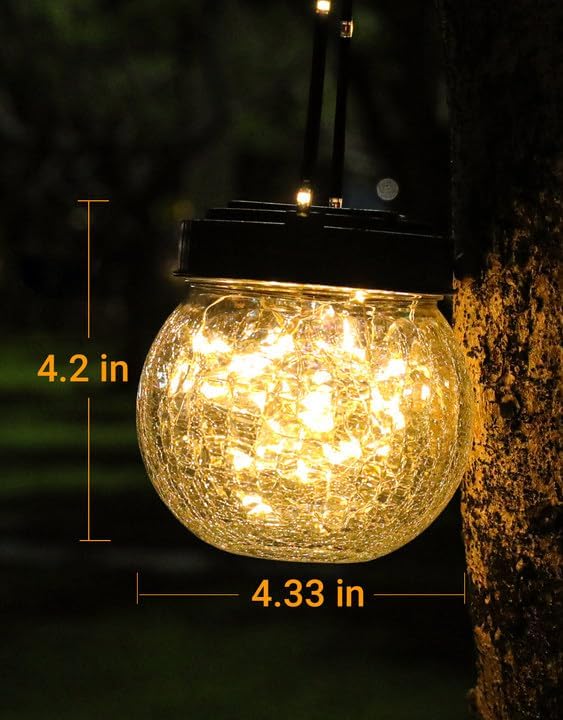 PARTPHONER Solar Lanterns Solar Lights Outdoor Waterproof 6-Pack, Solar Powered Hanging Lights Cracked Glass Hanging Globes for Christmas Decoration, Shepherd Hook, Garden Tree Ornaments