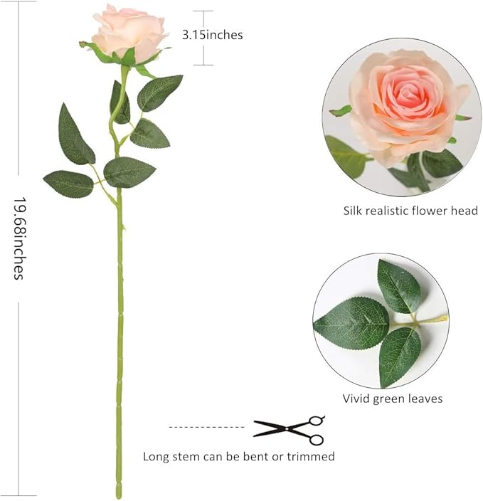 Pink Fake Roses Artificial Flowers - 10 Pcs Fake Artificial Roses Silk Flowers with Stems for Home Wedding Hotel Office Centerpiece Decor（Champagne Pink）