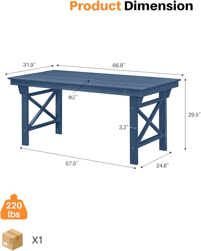 HDPE Outdoor Dining Table, 66.9” Rectangle Patio Dining Table for 6, All-Weather HDPE Outdoor Table with 2.2” Umbrella Hole, HDPE Patio Furniture for Deck, Backyard, Garden, Pool, Navy