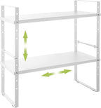 Expandable Cabinet Shelf Organizer Rack, Stackable Kitchen Counter Storage Shelves Stand, Adjustable Height Pantry Shelf Spice Rack (White, 2 Pack)