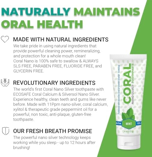 Coral White Nano Silver Mint Toothpaste, Natural Fluoride Free Teeth Whitening Toothpaste, Coral Calcium Nano Silver Infused SLS, Glycierin Free 4 Ounce (4 Pack)
