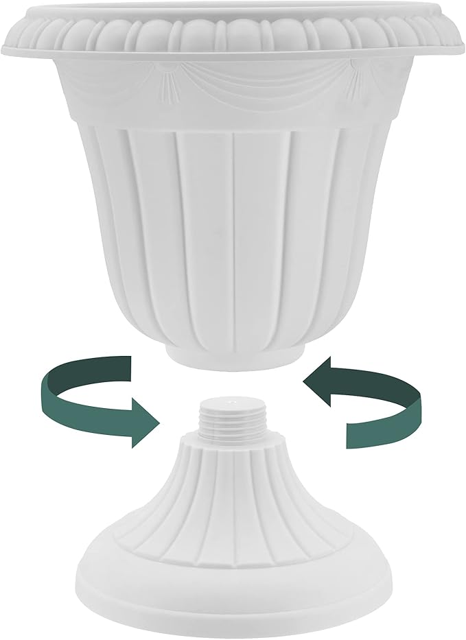 PL10WW Classic Traditional Plastic Urn Planter, 15" x 13", Whitewash