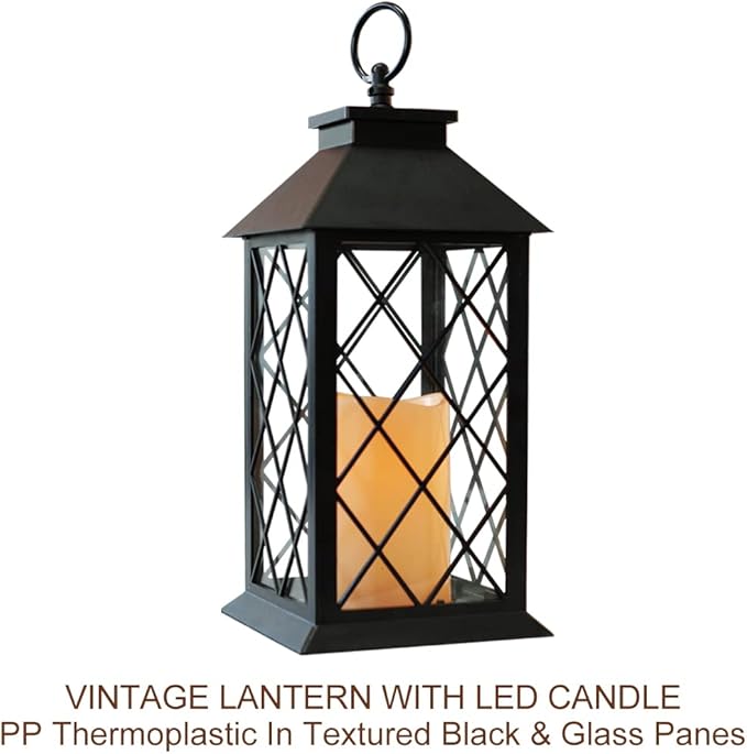 Bright Zeal 2-Pack 13.5" Vintage Candle Lantern with LED Pillar Candle (Black, 6hr Timer) - IP44 Waterproof Battery Powered Candle Lantern - Outdoor Patio Hanging Lantern Decorative Tabletop Lantern