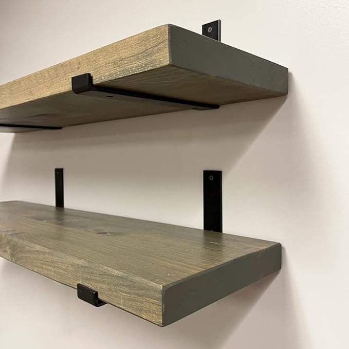 Rustic Shelves with J-Brackets Set of 2, Industrial Shelf, Kitchen Shelves, Solid Wood, Decorative Wall Storage, Heavy Duty, URBANDI (Grey, 12Wx6D)