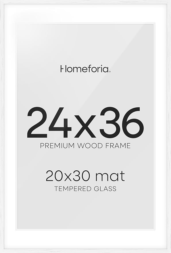 Homeforia White Picture Frame 24x36, High End Oak 24 x 36 Wood Poster Frame with Mat 20 by 30 for Photo, 24x36 Large Wooden Frame Matted to 20x30, 36x24 Thin Frames, Tempered Glass, Wall Kit, Set of 1