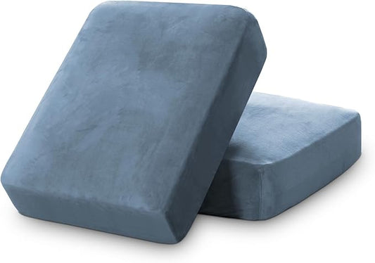 PrinceDeco Velvet Stretch Couch Cushion Cover Soft Cushion Slipcover for Chair Loveseat Sofa Furniture Protector Seat Cushion Sofa Cover (Each Width Up to 29.5", Stone Blue)