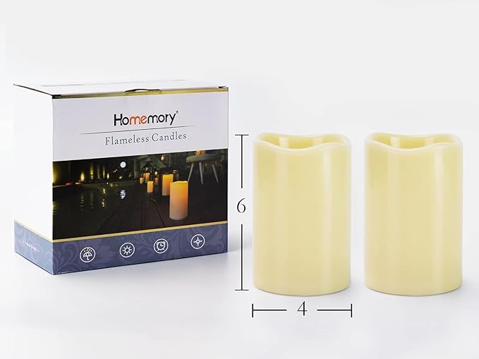 Homemory 4" x 6" Large Waterproof Outdoor Flameless Candles, Battery Operated Flickering LED Pillar Candles with Remote and Timers for Indoor Outdoor Lanterns, Long Lasting, Dark Ivory, Set of 4