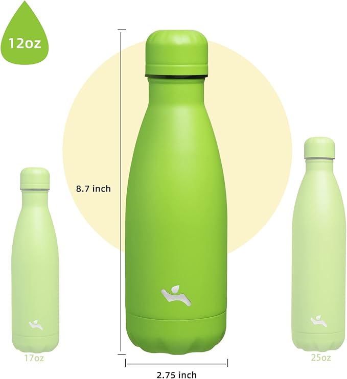 Insulated Water Bottles,12 oz Double Wall Stainless Steel Vacumm Metal Flask for Sports Travel,Green