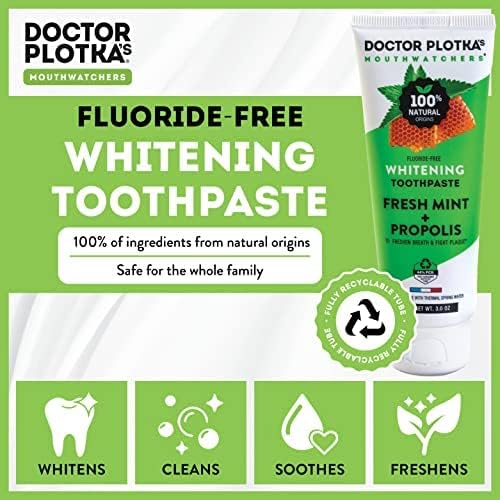 MOUTHWATCHERS Whitening Fluoride Free Naturally Sourced Toothpaste, 3 oz Tube, for Sensitive Teeth and Gums, Fresh Organic Mint and Propolis, by Dr. Plotka's