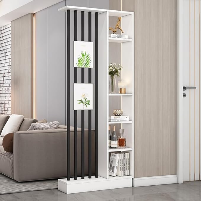 Wall Room Divider, Storage Cabinet Storage Display with Shelves, Modern Freestanding Wood Room Divider Screen, Wall Privacy Screens for Home Decorative (White+Black,31.5" L x 9.5" W x 79.5" H)