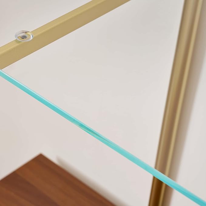 Extra Large Glass Console Table for Living Room, Foyer & Entrance, L47 x W16 x H31, Mid-Century Modern Sofa Table with Clear Glass Top, Walnut Finish Wood Top and Gold Finish Metal Frame