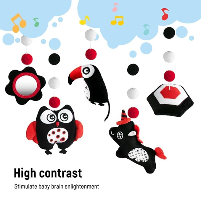 Montessori Mobile Baby for Crib,Black and White Baby Crib Mobile with Music for Boys & Girls,High Contrast Hanging Crib Toys, Newborn Visual Stimulation to Engage