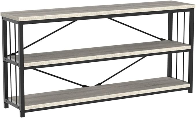 LVB Long Console Table with Storage, Farmhouse Rustic Skinny Entryway Table, Modern Wood Metal Hallway Sofa Table with Shelf, Industrial Narrow Couch Entry Table for Foyer Living Room, Light Grey, 63