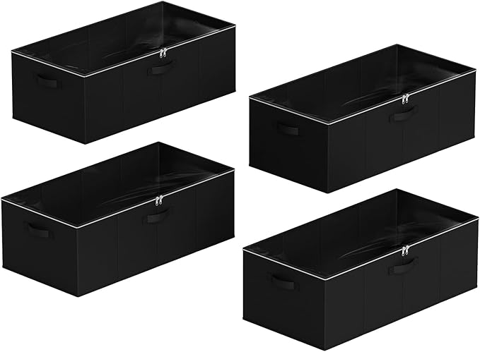SpaceAid 4 Pack 10" High Under Bed Storage Containers, Large Underbed Storage Organizer Bins with Lids for Bedroom, Dorm, Clothes, Closet Organization, Bed Sheets and Blankets (Black)