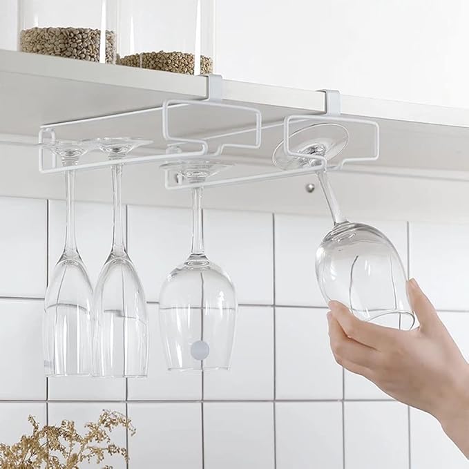 LINFIDITE 2 Pack Wine Glass Holder Stemware Rack Hanger Under Cabinet Wine Glass Rack Kitchen Hanging Storage Rack Organizer,White