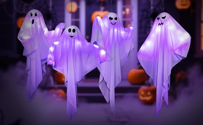 4 Pack Halloween Hanging Ghosts with LED Lights, 27.5 Inch Light Up Ghost Decorations for Indoor Outdoor, Lawn Yard Tree Hanging Halloween Ornaments, Spooky Lighted Party Supplies