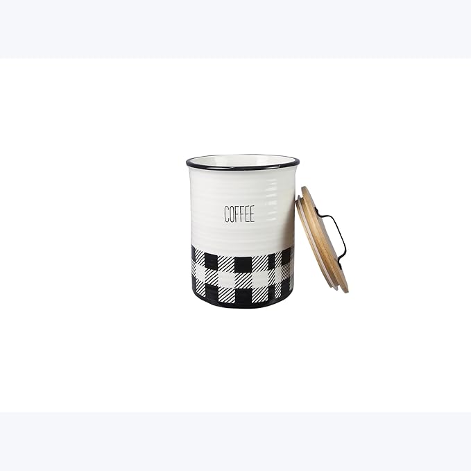 Young's Inc. 4 Pcs Set Plaid with Bamboo Lids Ceramic Canisters- Storage Container for Kitchen and Bathroom - Beautiful Home Decor Accent to Store Food, Coffee, Tea, and More - Black, White