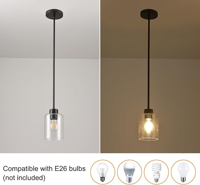 Black Pendant Lights Kitchen Island - Seeded Glass Pendant Light Fixture Multiple Stems Rods 3 Units 12 Inch 3 Units 4 Inch (2 Pack Black Seeded Downrod)