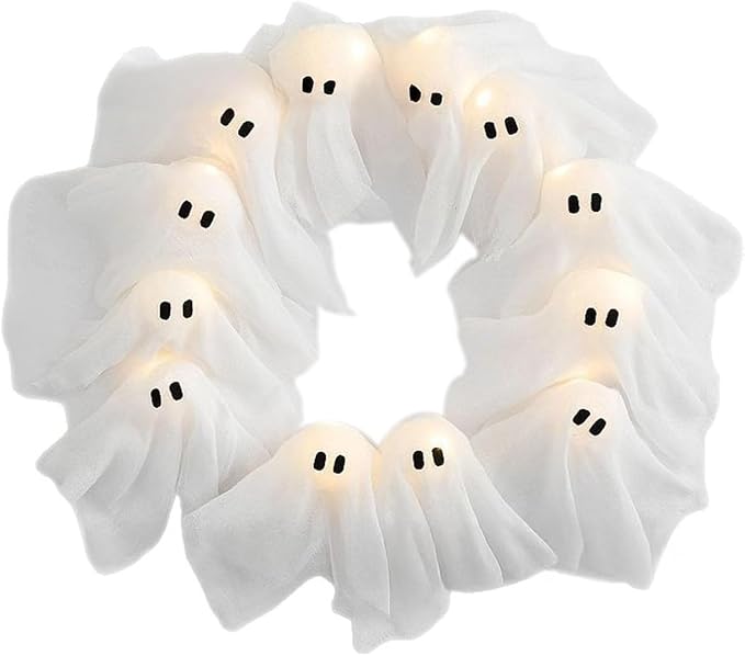 Halloween Ghost Wreath, 12 LED Light-Up White Ghost Garland, Spooky Indoor & Outdoor Hanging Decoration for Front Door, Wall, Party, Battery-Powered Halloween Decor, Holiday Spooky Garland A