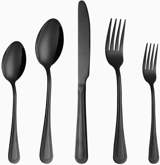 20 Pcs Black Silverware Set for 4 with Pearled Edge Handle design, Food Grade Stainless Steel Flatware Set, Eating Utensils Sets Include Fork/Knife/Spoon, Reusable Cutlery Set, Dishwasher Safe