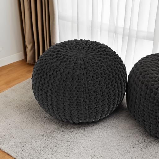 REDEARTH Round Pouf Foot Stool Ottoman - Hand Knitted Bean Bag - Cord Boho Pouffe - Cable Poof Footrest for Living Room - Nursery - Bedroom - Patio - 100% Cotton - Home Decor (19.5"x19.5"x14") - Black
