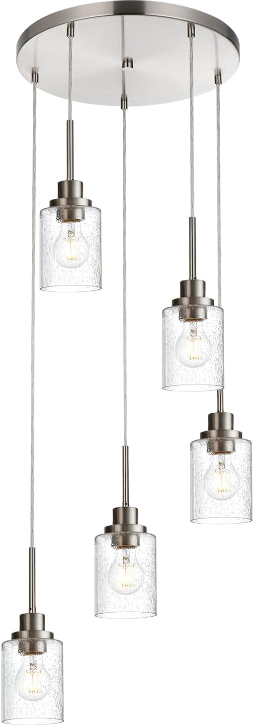 5 Light Farmhouse Pendant Lighting for Kitchen Island,Brushed Nickel Dining Room Cluster Pendant Light Fixtures Hanging Ceiling with Seeded Glass,Modern Pendant Light for Entrance Stairwell