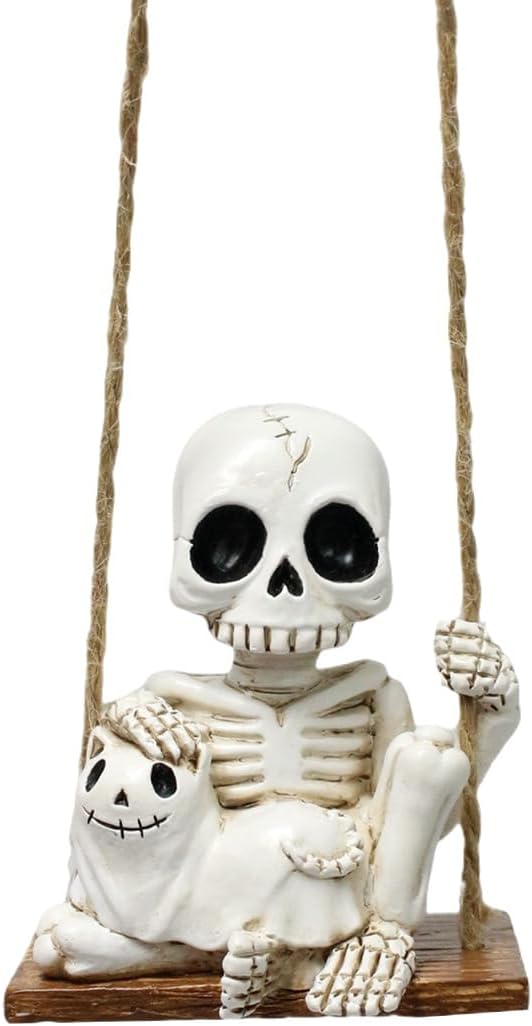 Halloween Resin Skeleton Swing Ornament - Animated Skeleton with Black Cat Figure, Hanging Decor for Tree Wall Garden - Spooky Fun Festival Decor Prop