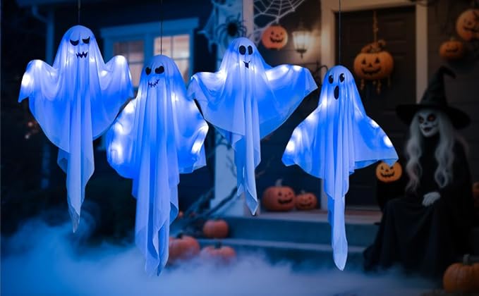 4 Pack Halloween Hanging Ghost Decorations, 27.5" Light Up Spooky Floating Ghosts with LED Glow, Waterproof Outdoor & Indoor Haunted House, Porch, Yard, Garden Party Decor