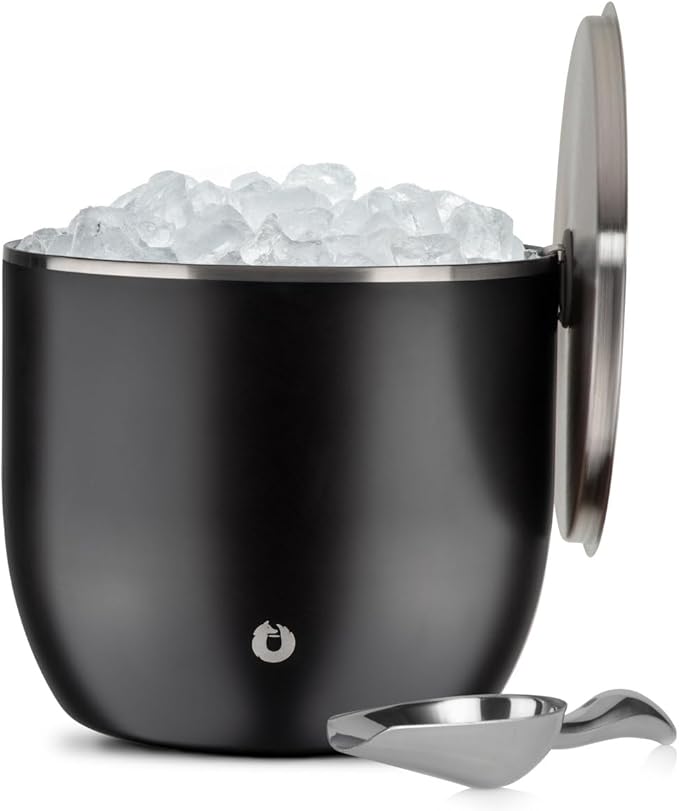 SNOWFOX XL Premium Vacuum Insulated Double Wall Stainless Steel Ice Bucket with Lid/Scoop, Bar Accessories, Large Elegant Party Bucket, Chill Several Bottles, Beautiful Entertaining, 7L, Matte Black