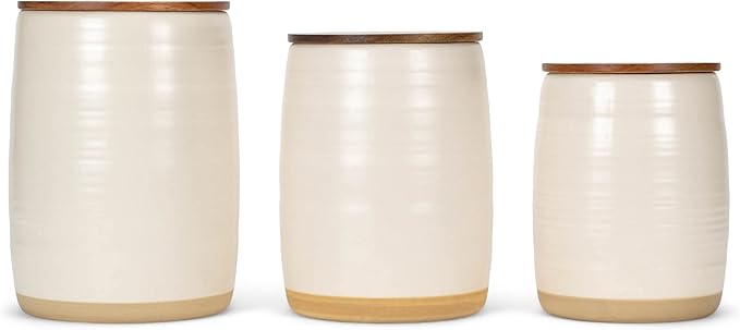 Nat & Jules Lidded Cream 6 inch Ceramic and Wood Kitchen Canisters Set of 3